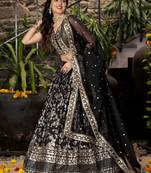 Enchanting Black sequin and zari embroidered Dola Silk Jacquard indian designer wedding lehenga dress