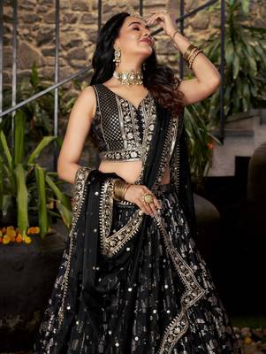 Enchanting Black sequin and zari embroidered Dola Silk Jacquard indian designer wedding lehenga dress 3