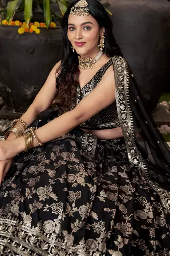 Enchanting Black sequin and zari embroidered Dola Silk Jacquard indian designer wedding lehenga dress