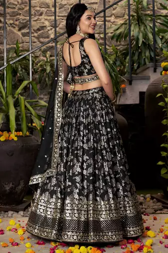 Enchanting Black sequin and zari embroidered Dola Silk Jacquard indian designer wedding lehenga dress