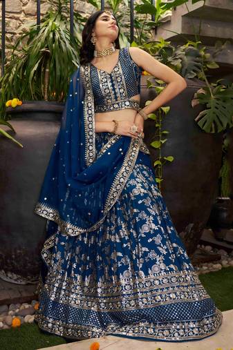 Mesmerizing Dove blue zari and sequins embroidered Dola Silk Jacquard indian wedding designer lehenga dress