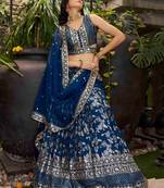 Mesmerizing Dove blue zari and sequins embroidered Dola Silk Jacquard indian wedding designer lehenga dress