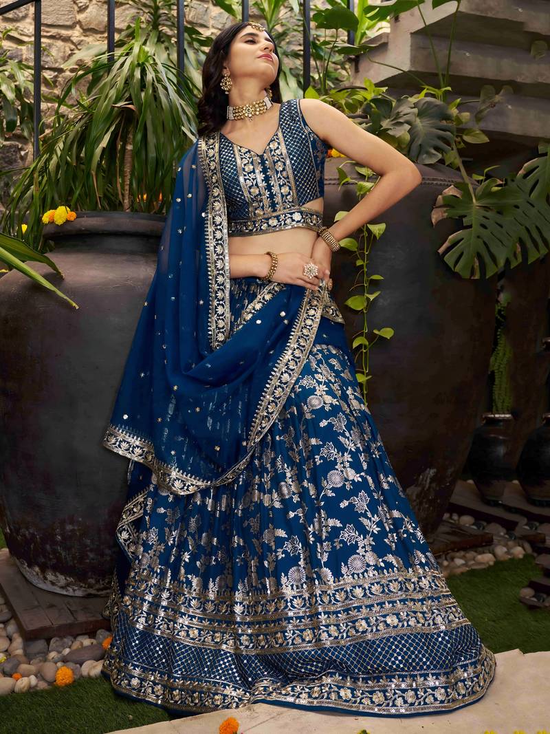 Mesmerizing Dove blue zari and sequins embroidered Dola Silk Jacquard indian wedding designer lehenga dress