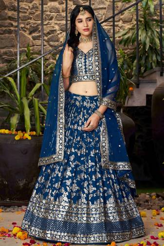 Mesmerizing Dove blue zari and sequins embroidered Dola Silk Jacquard indian wedding designer lehenga dress