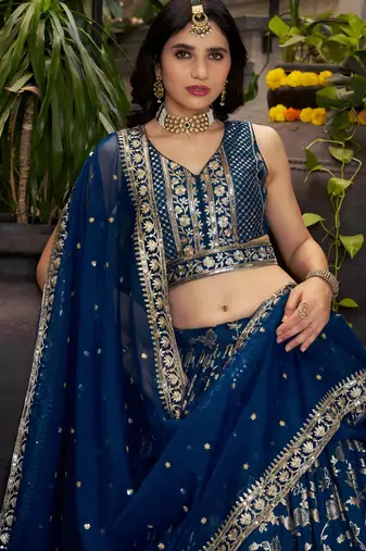 Mesmerizing Dove blue zari and sequins embroidered Dola Silk Jacquard indian wedding designer lehenga dress