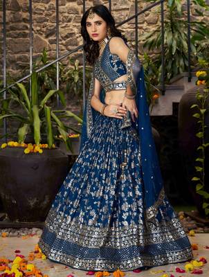 Mesmerizing Dove blue zari and sequins embroidered Dola Silk Jacquard indian wedding designer lehenga dress 4