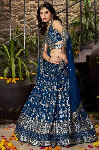 Mesmerizing Dove blue zari and sequins embroidered Dola Silk Jacquard indian wedding designer lehenga dress