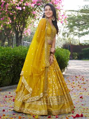 Gorgeous Yellow embroidery with Zari and sequins Dola Silk Jacquard indian designer wedding party wear lehenga 1
