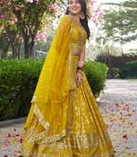 Gorgeous Yellow embroidery with Zari and sequins Dola Silk Jacquard indian designer wedding party wear lehenga