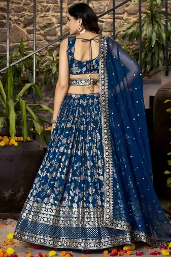 Mesmerizing Dove blue zari and sequins embroidered Dola Silk Jacquard indian wedding designer lehenga dress