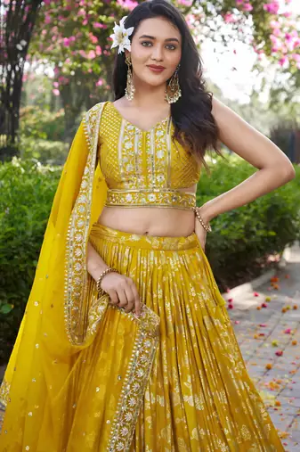 Gorgeous Yellow embroidery with Zari and sequins Dola Silk Jacquard indian designer wedding party wear lehenga