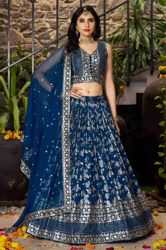 Mesmerizing Dove blue zari and sequins embroidered Dola Silk Jacquard indian wedding designer lehenga dress