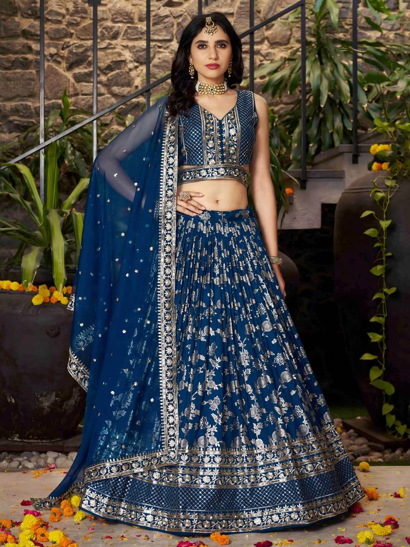 Mesmerizing Dove blue zari and sequins embroidered Dola Silk Jacquard indian wedding designer lehenga dress