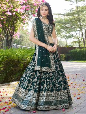 Fabulous Green zari and sequinned embroidery work Dola Silk Jacquard designer wedding indian lehenga dress 1