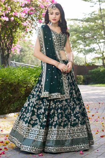 Fabulous Green zari and sequinned embroidery work Dola Silk Jacquard designer wedding indian lehenga dress