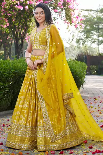 Gorgeous Yellow embroidery with Zari and sequins Dola Silk Jacquard indian designer wedding party wear lehenga