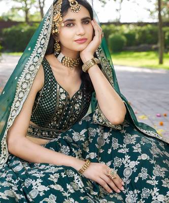 Fabulous Green zari and sequinned embroidery work Dola Silk Jacquard designer wedding indian lehenga dress 4