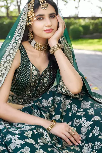 Fabulous Green zari and sequinned embroidery work Dola Silk Jacquard designer wedding indian lehenga dress
