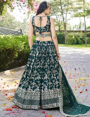 Fabulous Green zari and sequinned embroidery work Dola Silk Jacquard designer wedding indian lehenga dress 5