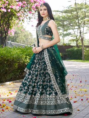 Fabulous Green zari and sequinned embroidery work Dola Silk Jacquard designer wedding indian lehenga dress 6