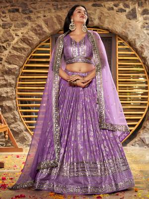 Delightful Lavender Sequence and zari embroidery work Dola Silk Jacquard wedding designer indian lehenga choli 1