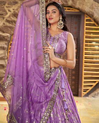 Delightful Lavender Sequence and zari embroidery work Dola Silk Jacquard wedding designer indian lehenga choli 3