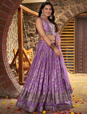 Delightful Lavender Sequence and zari embroidery work Dola Silk Jacquard wedding designer indian lehenga choli 4