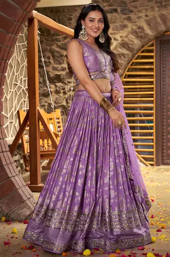 Delightful Lavender Sequence and zari embroidery work Dola Silk Jacquard wedding designer indian lehenga choli