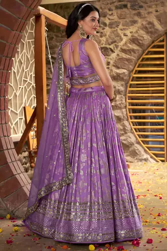 Delightful Lavender Sequence and zari embroidery work Dola Silk Jacquard wedding designer indian lehenga choli