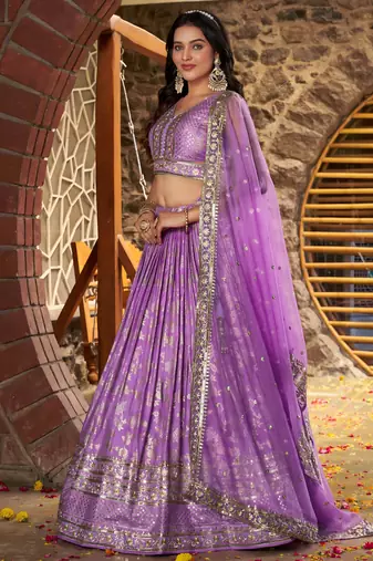 Delightful Lavender Sequence and zari embroidery work Dola Silk Jacquard wedding designer indian lehenga choli