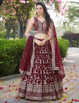 Bewitching Maroon sequins with zari emrbroidery work Dola Silk Jacquard designer wedding indian lehenga choli 1