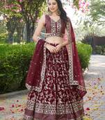 Bewitching Maroon sequins with zari emrbroidery work Dola Silk Jacquard designer wedding indian lehenga choli