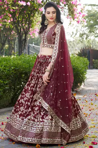 Bewitching Maroon sequins with zari emrbroidery work Dola Silk Jacquard designer wedding indian lehenga choli