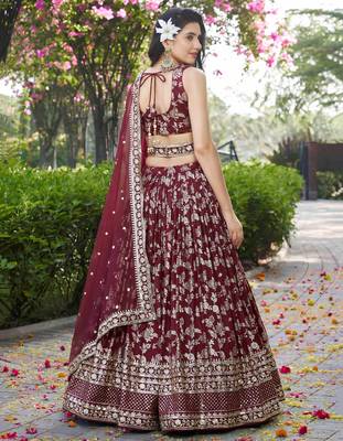 Bewitching Maroon sequins with zari emrbroidery work Dola Silk Jacquard designer wedding indian lehenga choli 5