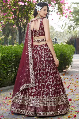 Bewitching Maroon sequins with zari emrbroidery work Dola Silk Jacquard designer wedding indian lehenga choli