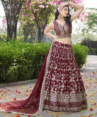Bewitching Maroon sequins with zari emrbroidery work Dola Silk Jacquard designer wedding indian lehenga choli 6