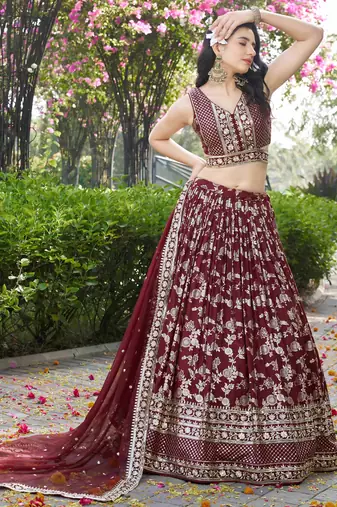 Bewitching Maroon sequins with zari emrbroidery work Dola Silk Jacquard designer wedding indian lehenga choli