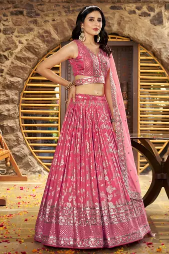 Fantastic Peach zari with sequins embroidery work Dola Silk Jacquard designer wedding indian dress lehenga