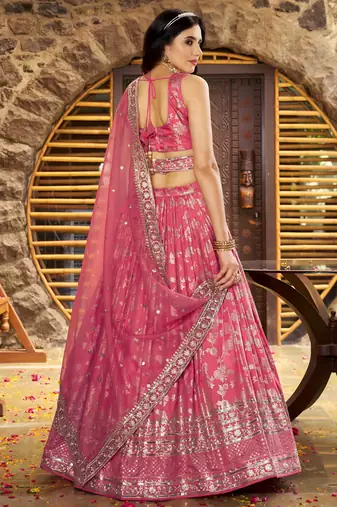 Fantastic Peach zari with sequins embroidery work Dola Silk Jacquard designer wedding indian dress lehenga