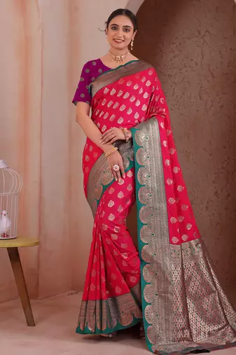  pink floral art silk woven saree comes with matching blouse