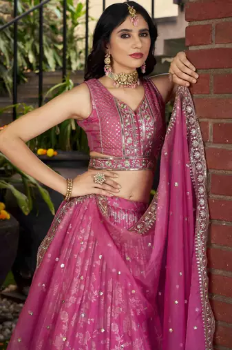 Glamourous Pink Sequence with zari embroidered Dola Silk Jacquard indian designer latest design lehenga dress