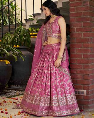 Glamourous Pink Sequence with zari embroidered Dola Silk Jacquard indian designer latest design lehenga dress 4