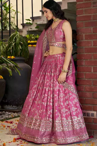 Glamourous Pink Sequence with zari embroidered Dola Silk Jacquard indian designer latest design lehenga dress