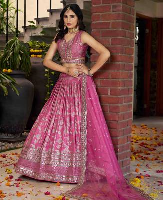 Glamourous Pink Sequence with zari embroidered Dola Silk Jacquard indian designer latest design lehenga dress 6