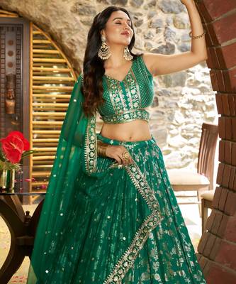 Glamorous Rama Green zari with sequin embroidered Dola Silk Jacquard indian wedding latest design lehenga choli 3
