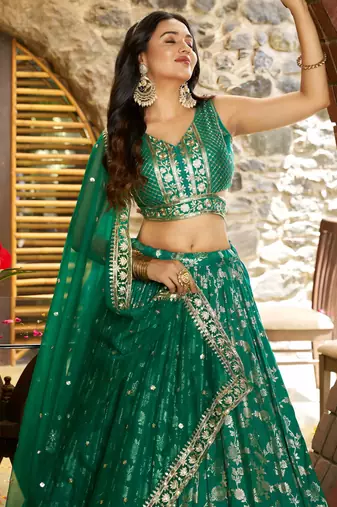 Glamorous Rama Green zari with sequin embroidered Dola Silk Jacquard indian wedding latest design lehenga choli