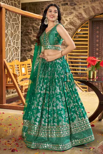 Glamorous Rama Green zari with sequin embroidered Dola Silk Jacquard indian wedding latest design lehenga choli