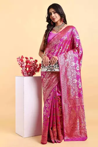 Pink jacquard zari woven patola saree with blouse piece
