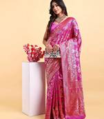 Pink jacquard zari woven patola saree with blouse piece