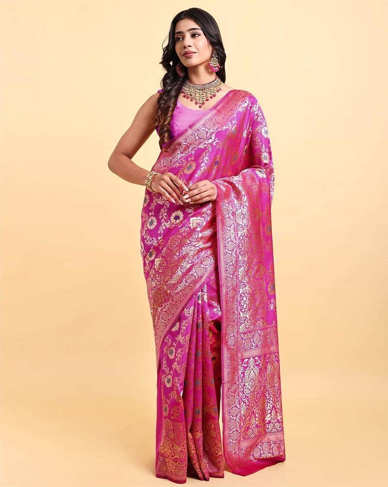 Pink jacquard zari woven patola saree with blouse piece
